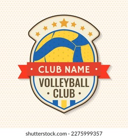 Volleyball club patch, sticker design. Vector illustration. For college league sport club emblem, sign, logo. Vintage monochrome label, sticker, patch with volleyball ball silhouettes.