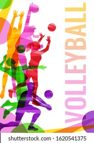 Volleyball competitions poster or banner template with players abstract colorful silhouettes, vector illustration isolated on white background. Sport game invitation.