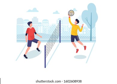 Volleyball concept with character. Can use for web banner, mobile app, hero images. Flat vector illustration on white background.