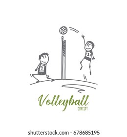 Volleyball concept. Hand drawn professional volleyball players in action on the court. Volleyball game isolated vector illustration.