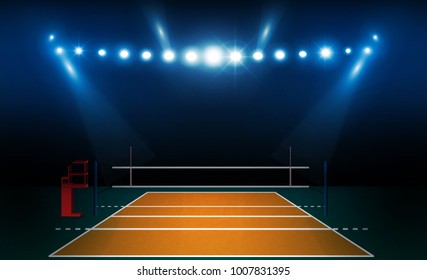 Volleyball court arena field with bright stadium lights design. Vector illumination