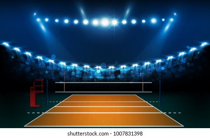 Volleyball court arena field with bright stadium lights design. Vector illumination