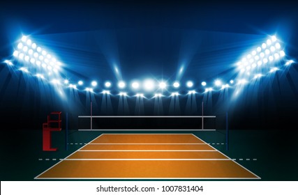 Volleyball court arena field with bright stadium lights design. Vector illumination