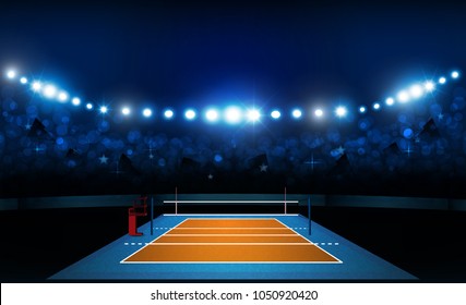 Volleyball court arena field with bright stadium lights design. Vector illumination