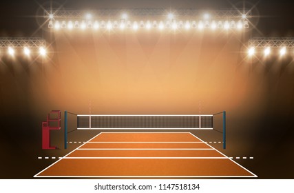 Volleyball court arena field with bright stadium lights design. Vector illumination