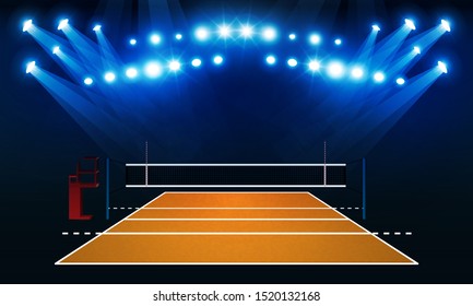Volleyball court arena field with bright stadium lights vector design.