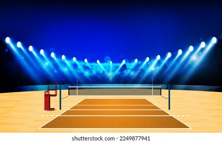 Volleyball court arena field with bright stadium lights design. Vector illumination