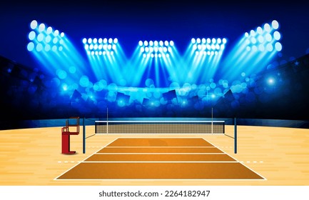 Volleyball court arena field with bright stadium lights design. Vector illumination