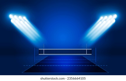 Volleyball court arena field with bright stadium lights design. Vector illumination