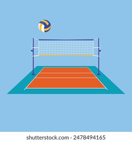 Volleyball court floor vector icon with ball. Volleyball net. Volleyball sports floor net