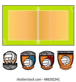 Volleyball court and four team labels with ball. Vector illustration isolated on white 