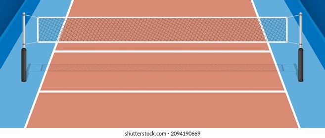 Volleyball court with net, parquet floor and markings lines. Volleyball playground top view. Sports ground for active recreation. Vector