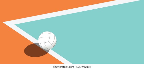 Volleyball court and net visible from the hill angle, volleyball ball standing on the line