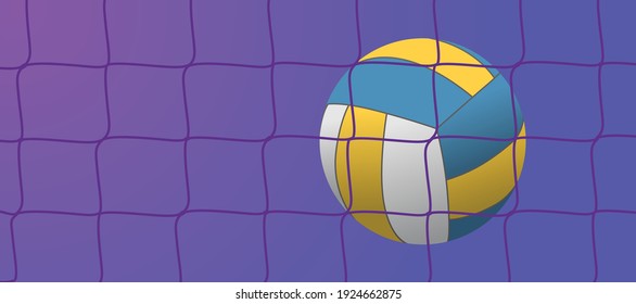 Volleyball court and net visible from the hill angle, volleyball ball standing on the line