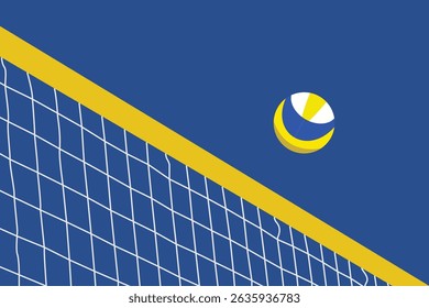 Quadra e rede de voleibol visíveis a partir do ângulo da colina, bola de voleibol em pé na linha