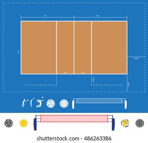 Volleyball Court Scheme And Equipment Vector Set