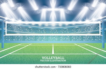 Volleyball Court With Spotlights. Vector Illustration.