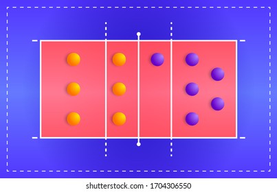 Volleyball court with a tactical scheme of the arrangement of players of two teams on the playground, plan of a game diagram for a fantasy league coach board