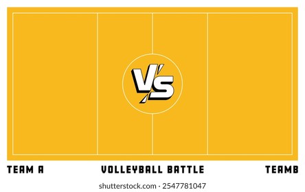 Quadra de voleibol com sinal VS no centro. Conceito de partida esportiva entre duas equipes, Equipe A e Equipe B. Pode ser usado para gráficos esportivos, cartazes ou promoções de eventos. Ilustração vetorial