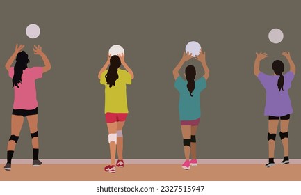 Volleyball drills againts a wall. Learning volleyball female. Group of girls practicing volleyball