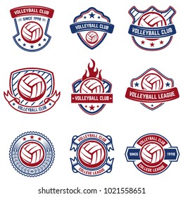 Volleyball emblems on white background. Design element for logo, label, emblem, sign, badge. Vector illustration