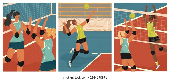 Volleyball female players in action vector posters set. Women volleyball team play game in tournament. Girl attack and serve the ball