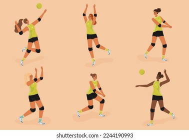 Volleyball female players in action vector set. Women volleyball athlete silhouette. Girl attack and serve the ball, jump, block pose