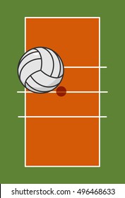 Volleyball field and ball. Game ball high above ground
