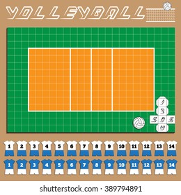 Volleyball Field with Marking, Icon Player and Ball. Game set. Applique with realistic shadows. Vector illustration.