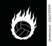 Volleyball with fire and flame shape illustration. Flaming volleyball simple vector. Isolated on black background.