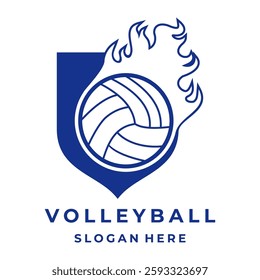 Volleyball with fire and shield logo design template