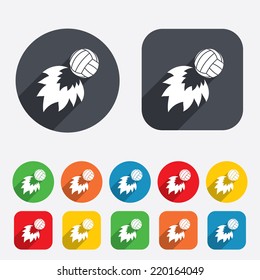 Volleyball fireball sign icon. Beach sport symbol. Circles and rounded squares 12 buttons. Vector
