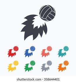 Volleyball fireball sign icon. Beach sport symbol. Colored flat icons on white background.