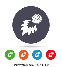 Volleyball fireball sign icon. Beach sport symbol. Round colourful buttons with flat icons. Vector