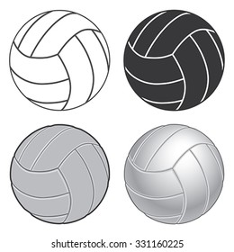 Volleyball Four Ways is an illustration of four versions of a volleyball ranging from simple black and white version to a more complex or realistic version.