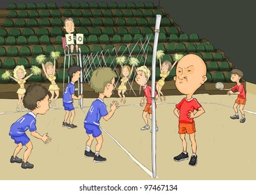 Volleyball game between the blue and red team