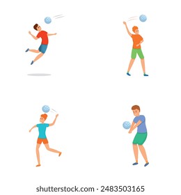 Iconos de juego de voleibol conjunto de dibujos animados Vector. Personas jugando voleibol juntos. Equipo deporte juego