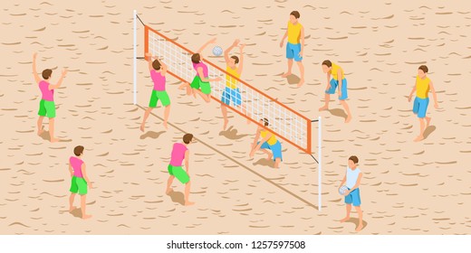 Volleyball Game Isometric Illustration. Beach Volleyball Players in Action. Flat Design. Vector Template.