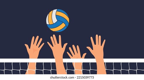 Volleyball game. People hit their hands on the volleyball ball. Vector illustration flat design. isolated on white background. Sports holidays, lifestyle. eps 10