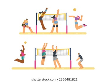Volleyball game scenes set with cartoon players characters, flat vector illustration isolated on white background. Volleyball team sports game bundle.