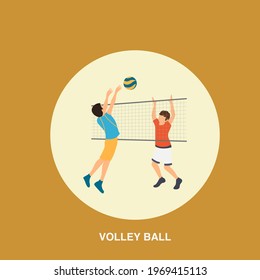 Volleyball game with two players with red and blue shirt playing outdoor flat concept design