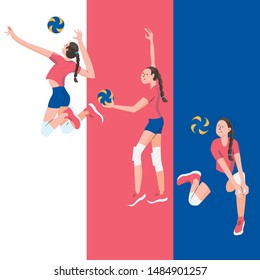 
Volleyball girls on a three-color background. Vector illustration.