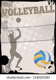 Volleyball grungy poster background, vector illustration