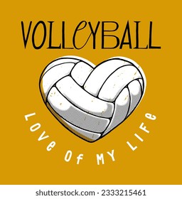 Volleyball heart. Volleyball ball in the heart shape vintage typography silkscreen t-shirt print vector illustration.