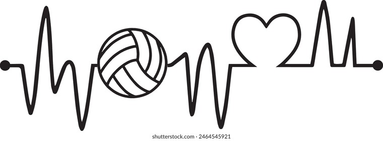 Volleyball Heartbeat Line - Heartbeat Pulslinie mit Volleyball Design Vektorgrafik