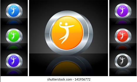 Volleyball Icon on 3D Button with Metallic Rim Original Illustration 
