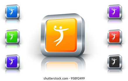 Volleyball Icon on 3D Button with Metallic Rim Original Illustration