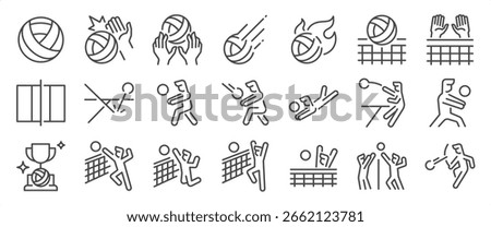 A volleyball icon set. It included sport, play, game, ball, match, player, and more icons. Editable Vector Stroke.