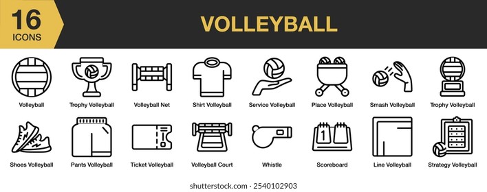 Ícone de voleibol definido. Inclui rede, quadra, bola, esmagamento, placar, lugar e muito mais. Contornar coleção de vetores de ícones.