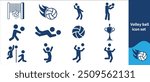 Volleyball icon set, volleyball, net, spiking, beach volleyball, court line, volleyball player, ball in mid-air, serve, sand court, jumping action